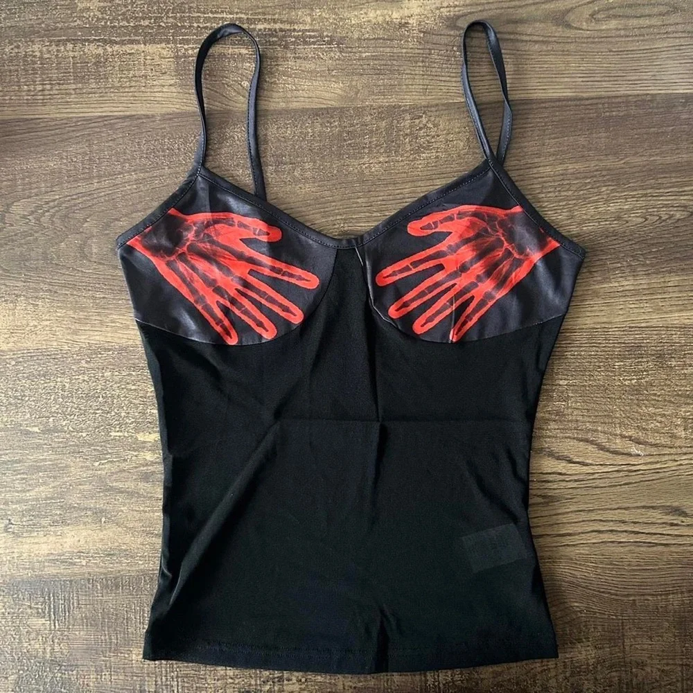 Super Retro Abstract Vibrant Black Sexy Sheer Mesh Tank Top - Picture 1 of 3